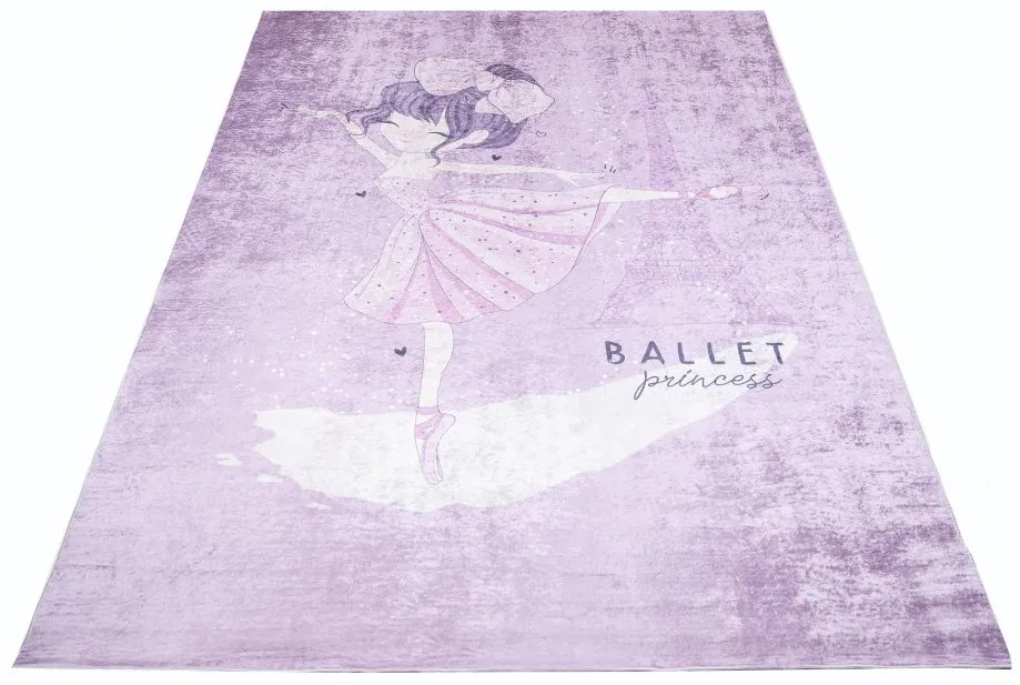 Covor violet pentru copii cu un motiv de balerină la Turnul Eiffel Lăţime: 160 cm | Lungime: 220 cm