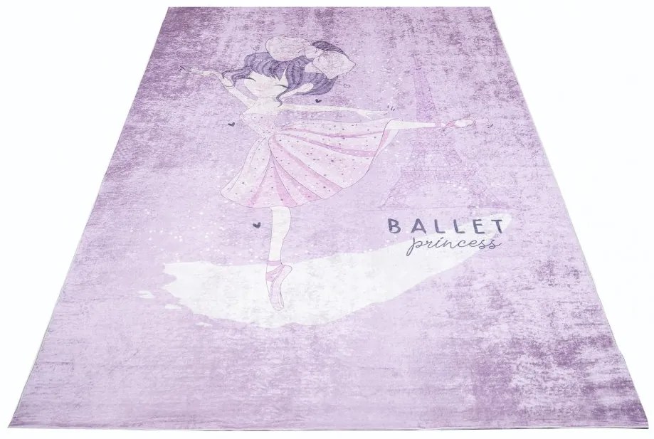 Covor violet pentru copii cu un motiv de balerină la Turnul Eiffel Lăţime: 80 cm | Lungime: 150 cm