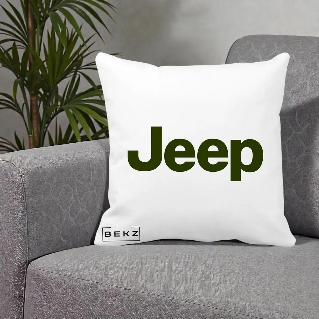 Perna Personalizata cu emblema Jeep, 40x40 cm, Alba Mata, Husa Detasabila, Perna Inclusa, BEKZ®