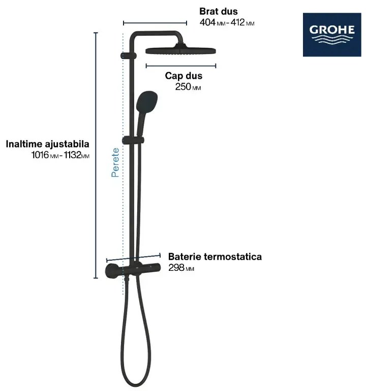 Sistem de dus Grohe 266892431 Tempeste Cube 250, aparent, termostat, 250 mm, 1 functie, negru mat