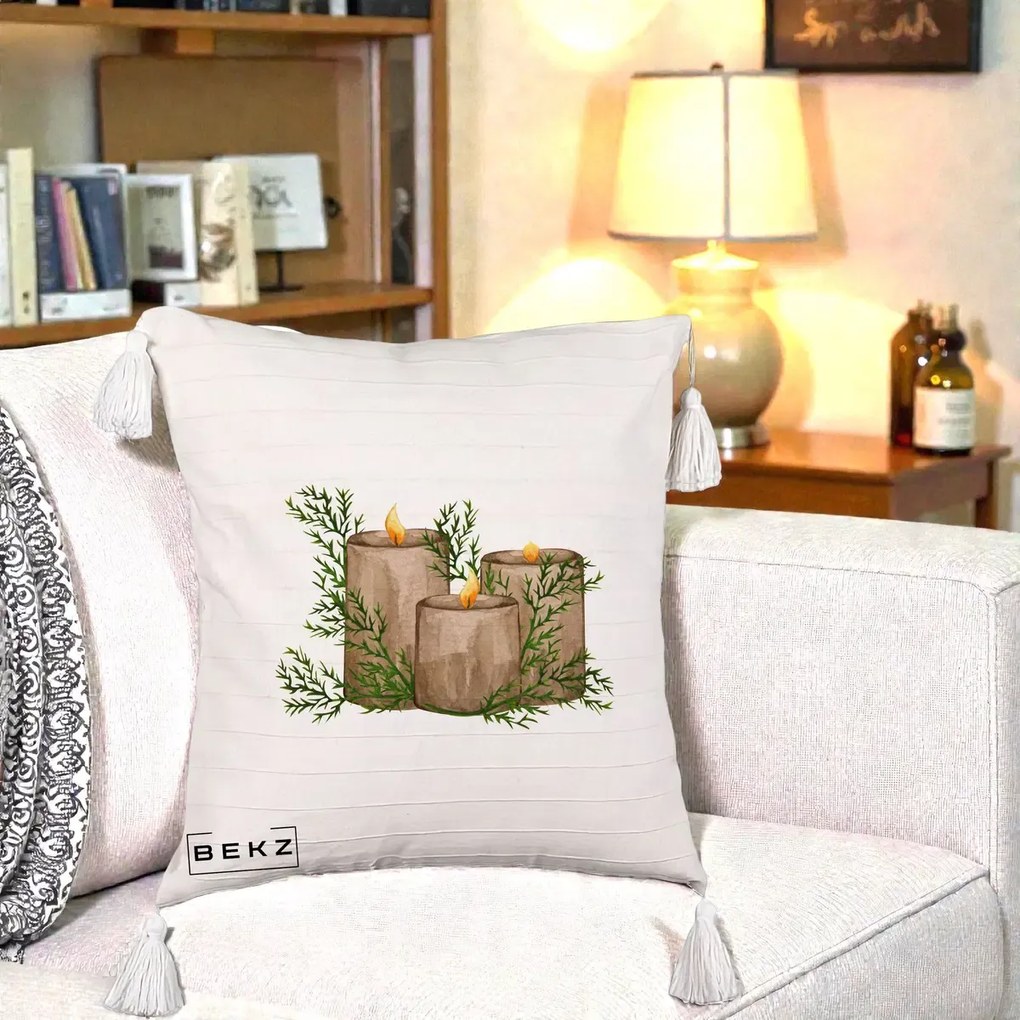Perna Decorativa Lumanari Rustice cu Crengute Brad, 40x40 cm, Bej cu Franjuri, Husa Detasabila, Perna Inclusa, BEKZ®