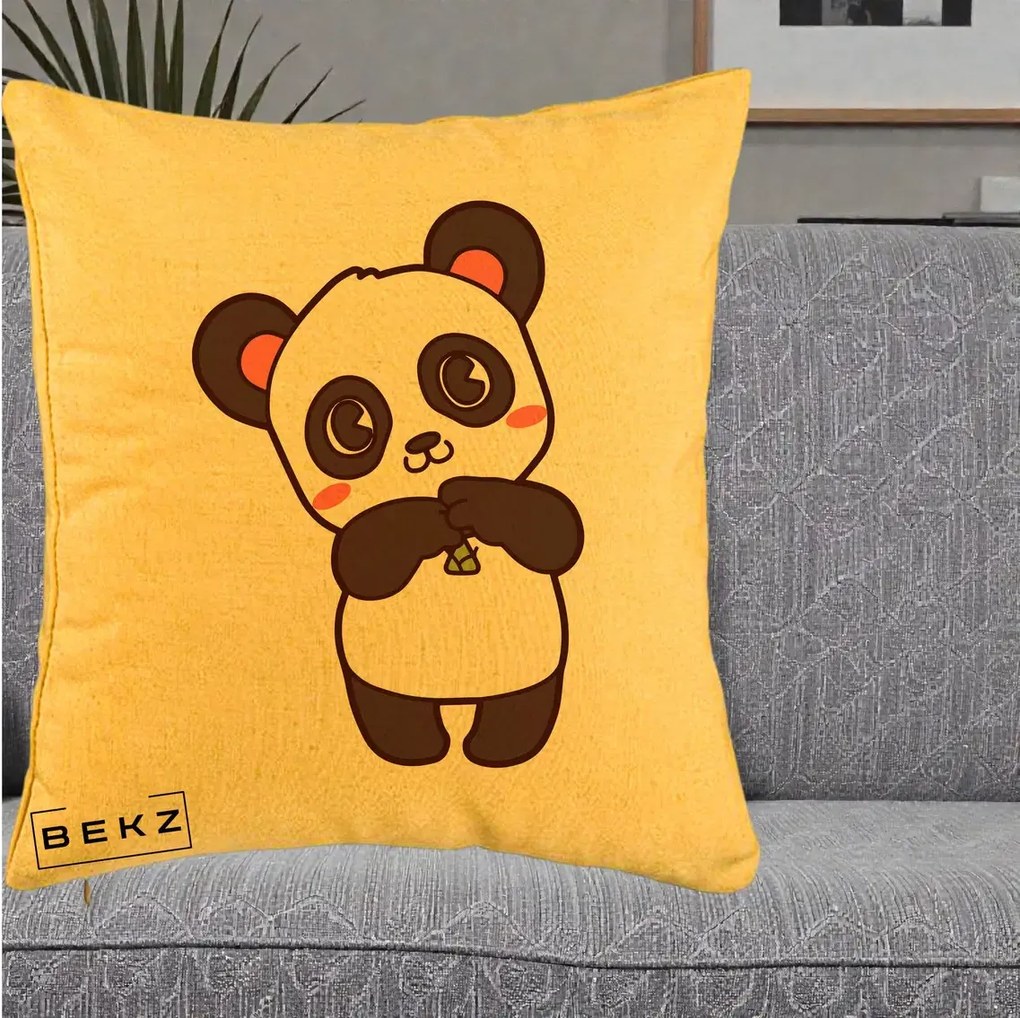 Perna Personalizata Panda Kawaii cu Bambus, 40x40 cm, Galben, Husa Detasabila, Perna Inclusa, BEKZ®