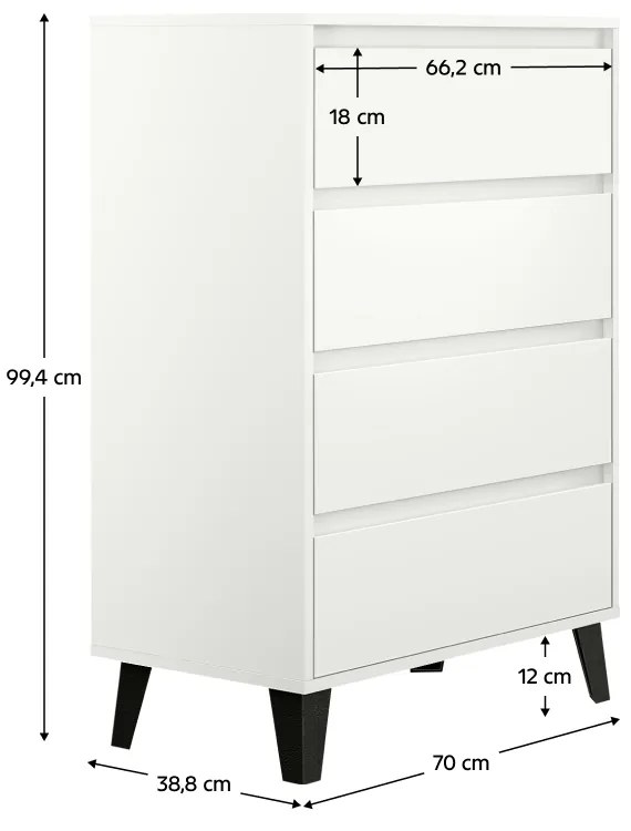 Comoda 4 sertare , 70 cm lungime x38,8 cm adancime x 99,4 cm, pal alb picioare negre ,canturi abs, fara manere alb, 70 cm, 100 cm, 39 cm