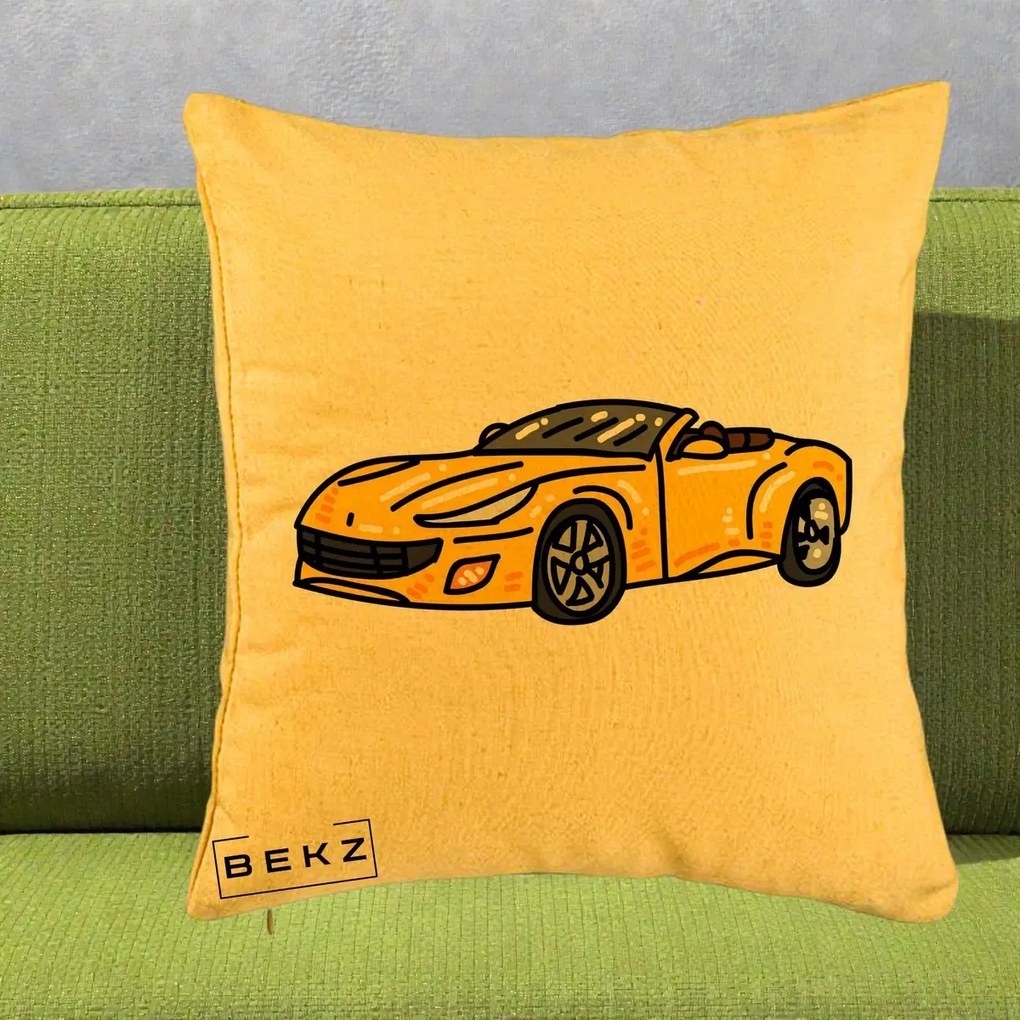 Perna Personalizata Masina Cabriolet Galbena Grafic, 40x40 cm, Galben, Husa Detasabila, Perna Inclusa, BEKZ®