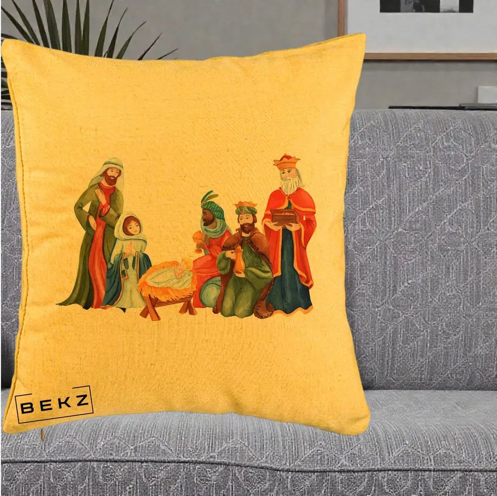 Perna Decorativa Nasterea Domnului Cei Trei Magi Acuarela, 40x40 cm, Galben, Husa Detasabila, Perna Inclusa, BEKZ®