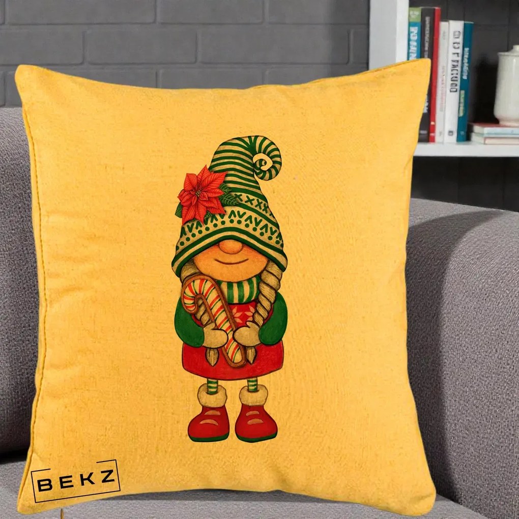 Perna Decorativa Gnom Craciun Verde cu Bomboane si Floare, 40x40 cm, Galben, Husa Detasabila, Perna Inclusa, BEKZ®