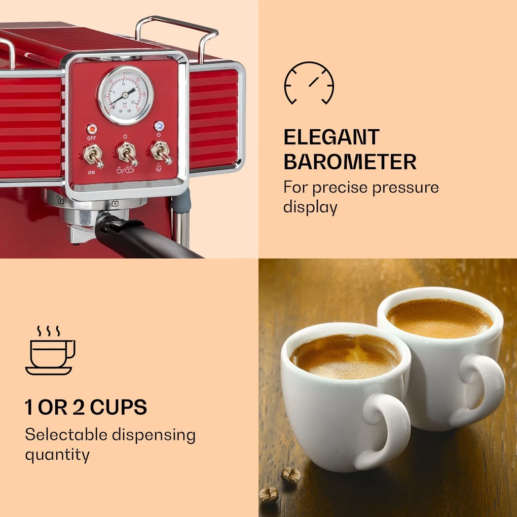 Klarstein Gusto Classico, espressor, 1350 W, presiune 20 bar, rezervor de apă: 1,5 litri
