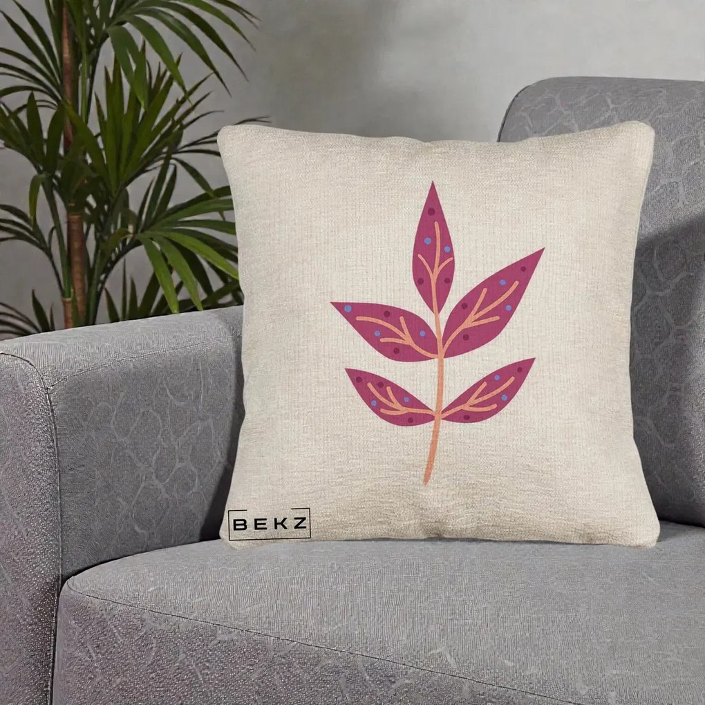 Perna Decorativa Ramura Botanica Mov, 40x40 cm, Bej Canapea, Husa Detasabila, Perna Inclusa, BEKZ®