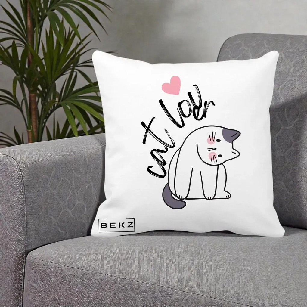 Perna Personalizata Cat Lover Pisica Ilustratie Linie, 40x40 cm, Alba Mata, Husa Detasabila, Perna Inclusa, BEKZ®