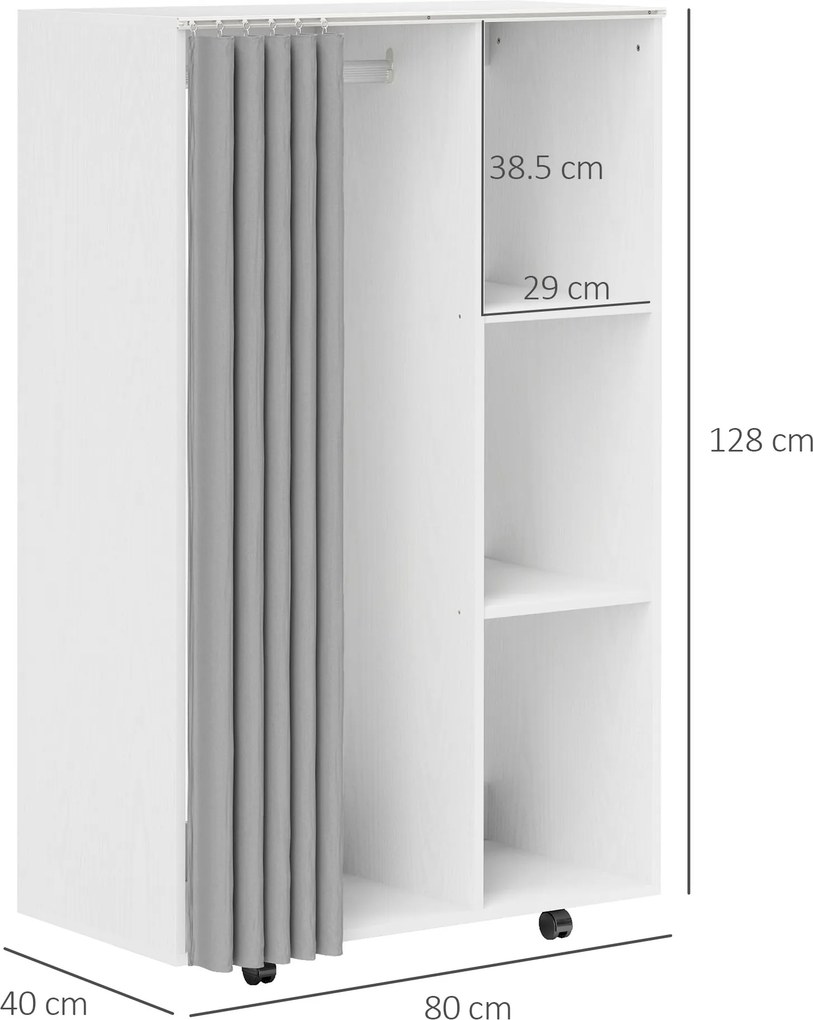 HOMCOM Dulap Haine Dulap Con 4 Ruote, Per Dormitor, 80x40x128 cm Cm, Alb | Aosom Romania