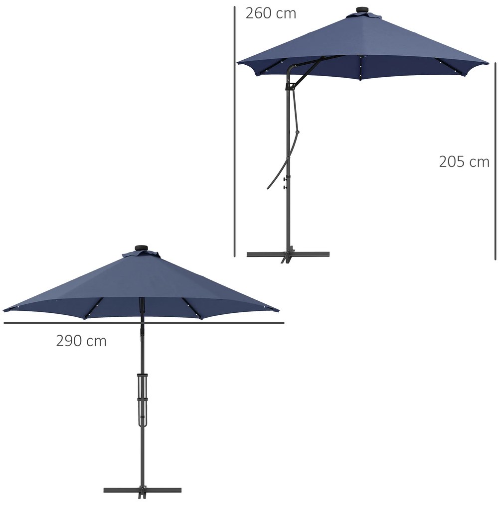 Outsunny Umbrelă de grădină, Umbrelă cu braț, LED-uri, Modul solar, rezistent la intemperii, inclusiv husă de protecție, Ø290 x 260 cm, Albastru închis | Aosom Romania