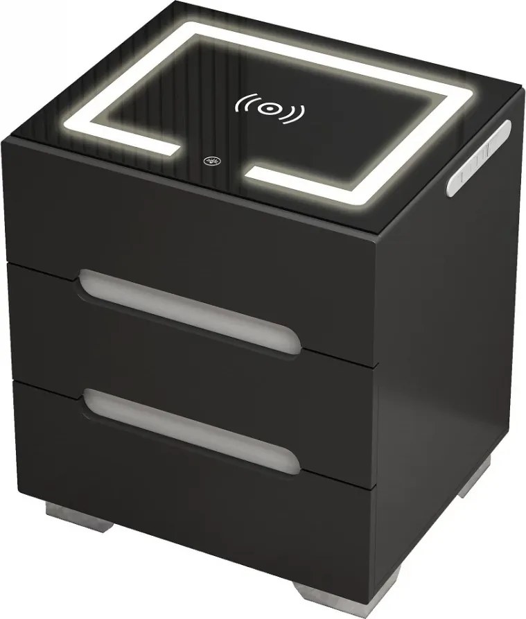 RESIGILAT- Noptieră inteligentă multifuncțională, 3 sertare, iluminare LED-uri Touch, 3 tipuri de culoare, încărcare fără fir, incarcare USB, sticla securizata, Negru