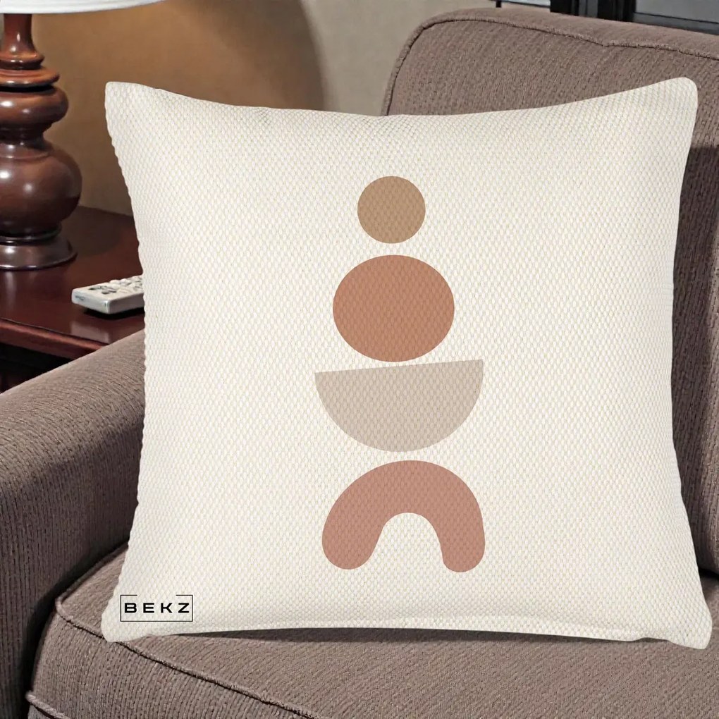 Perna Decorativa Geometric Boho Cercuri si Arc, 40x40 cm, Crem Reliefat, Husa Detasabila, Perna Inclusa, BEKZ®