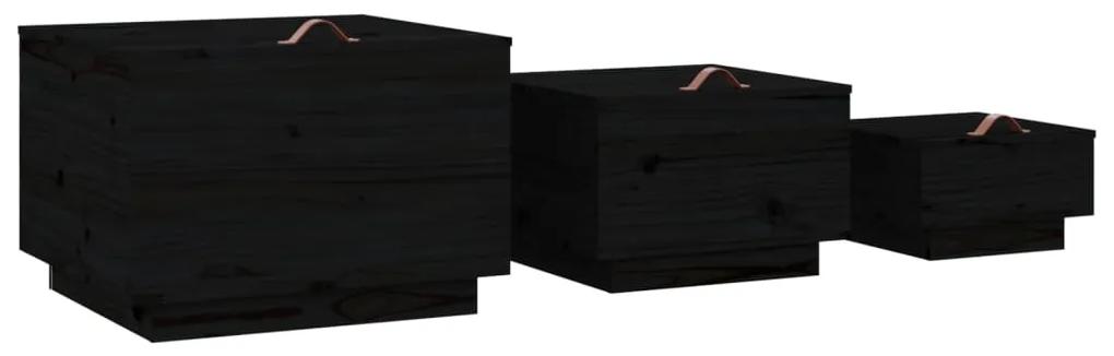 Cutii de depozitare cu capace 3 buc. negru lemn masiv de pin Negru