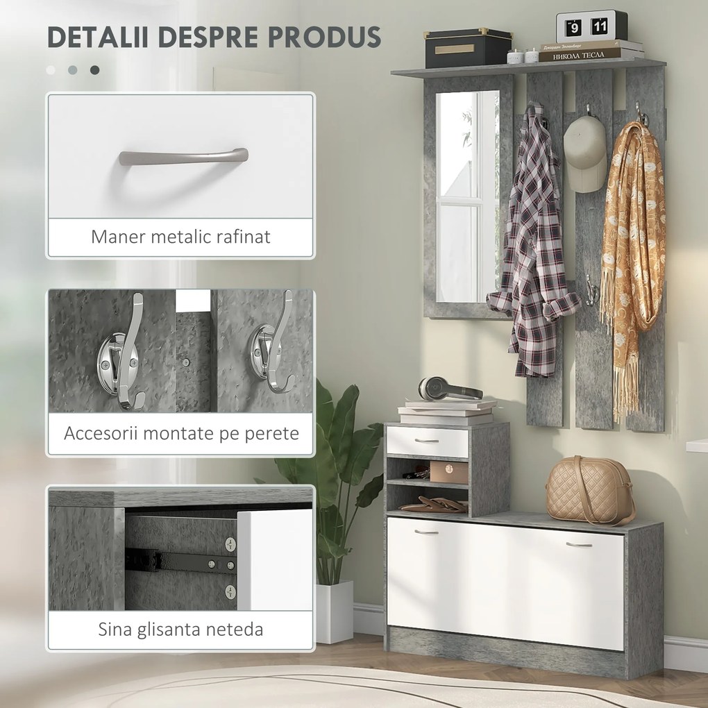 HOMCOM Mobilier Hol, 3 piese, cu Raft pentru Haine, Oglindă, 6 Cârlige, 2 Rafturi și Sertare, 90x24x177 cm, Gri | Aosom Romania