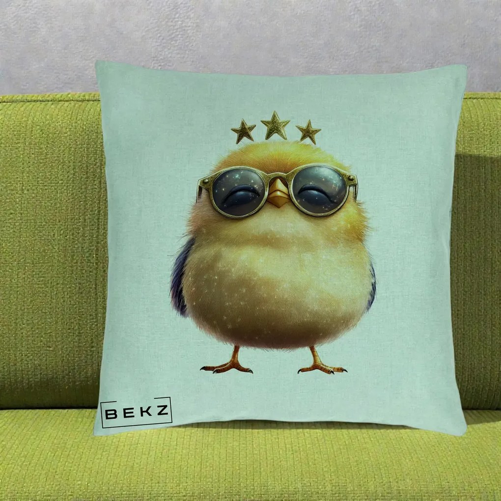 Perna Decorativa Pui Gold Star cu Ochelari Aurii, 40x40 cm, Verde Menta, Husa Detasabila, Perna Inclusa, BEKZ®