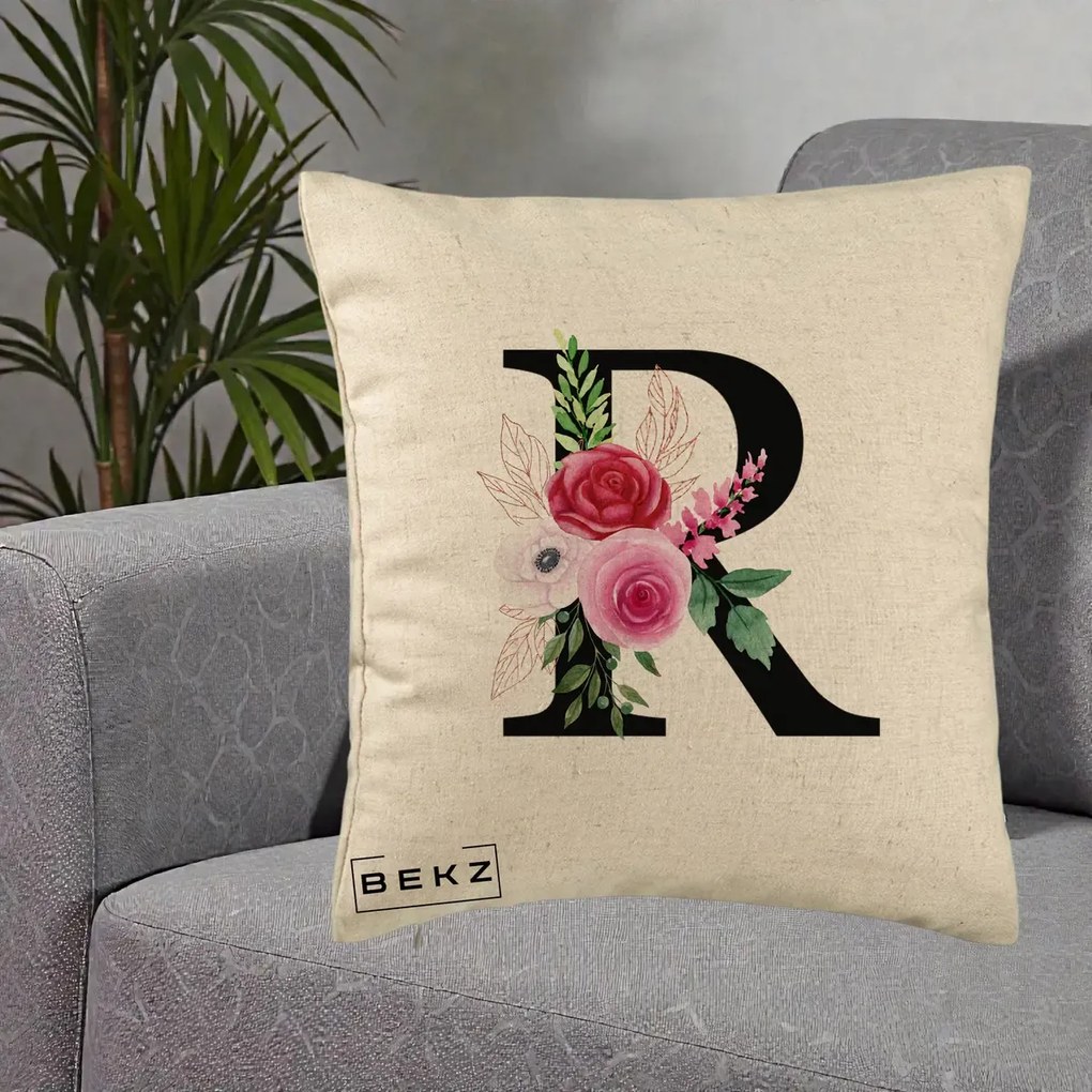 Cadou Personalizat - Perna Personalizata Monograma Florala Litera R, 40x40 cm, Bej, Husa Detasabila, Perna Inclusa, BEKZ®