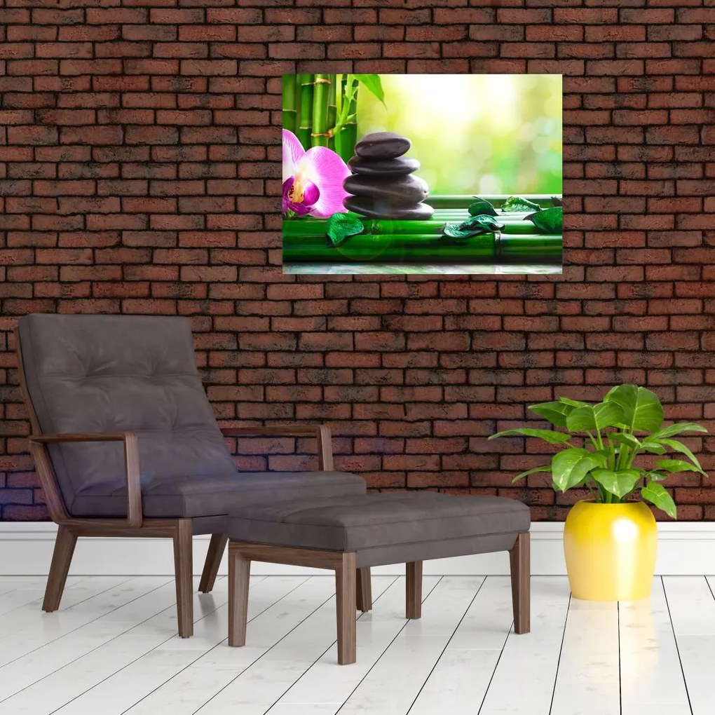 Tablou pe sticlă cu pietre pentru masaj și orhidee (70x50 cm)