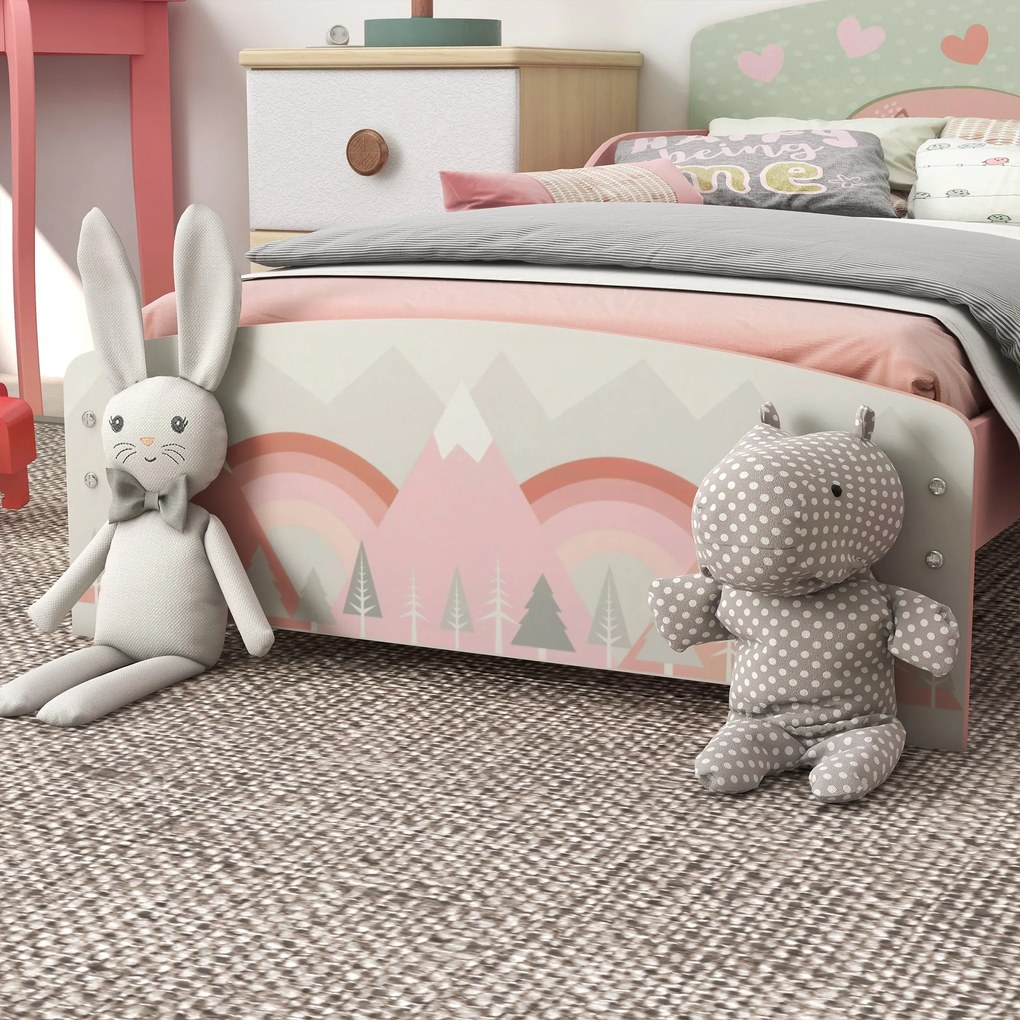ZONEKIZ Pat pentru Copii 3-6 Ani cu Margini Înălțate și Model cu Animale, 77x143x60 cm, Roz | Aosom Romania