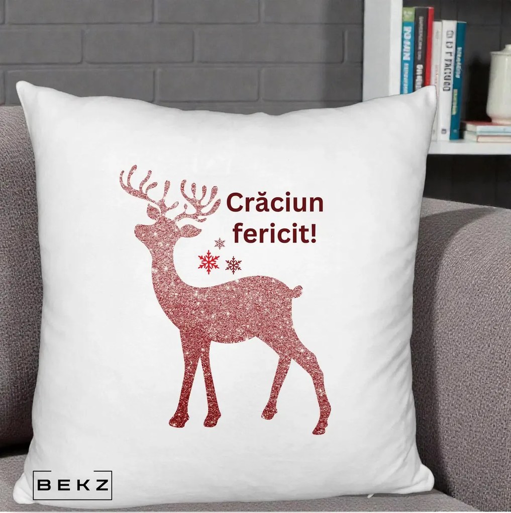 Perna Decorativa Ren Sclipitor Glitter Craciun Fericit, 40x40 cm, Alb Pufos, Husa Detasabila, Perna Inclusa, BEKZ®