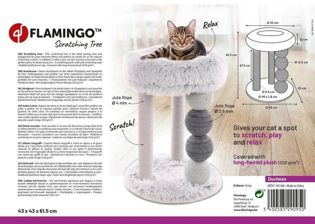 Flamingo Scărpinătoare pentru pisici DUCHESS, 61,5cm, gri/alb