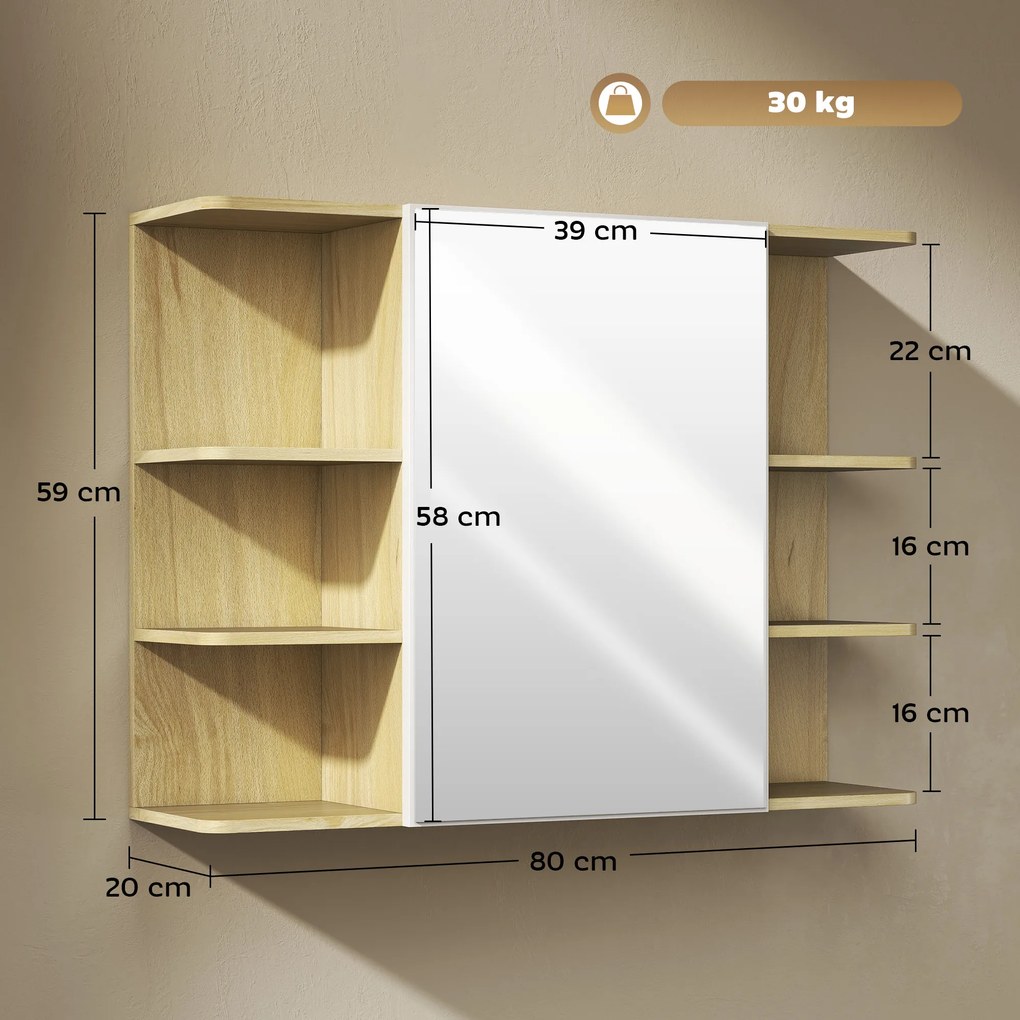 HOMCOM Dulap cu Oglindă pentru Baie cu Dulăpior și 6 Compartimente Deschise 80x20x59cm Lemn | Aosom Romania