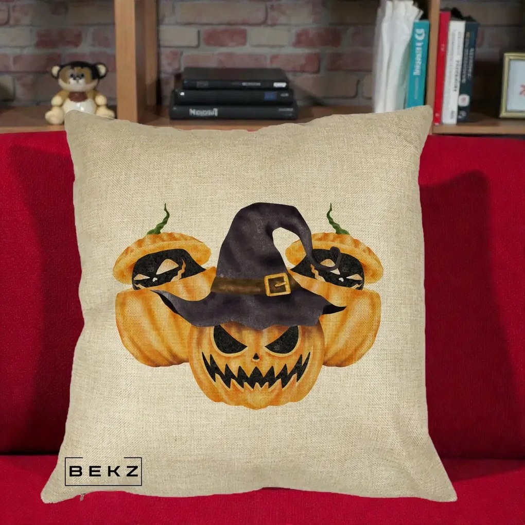 Perna Decorativa Trio Dovleci Jack-o-Lantern cu Palarie Vrajitoare, 40x40 cm, Crem, Husa Detasabila, Perna Inclusa, BEKZ®