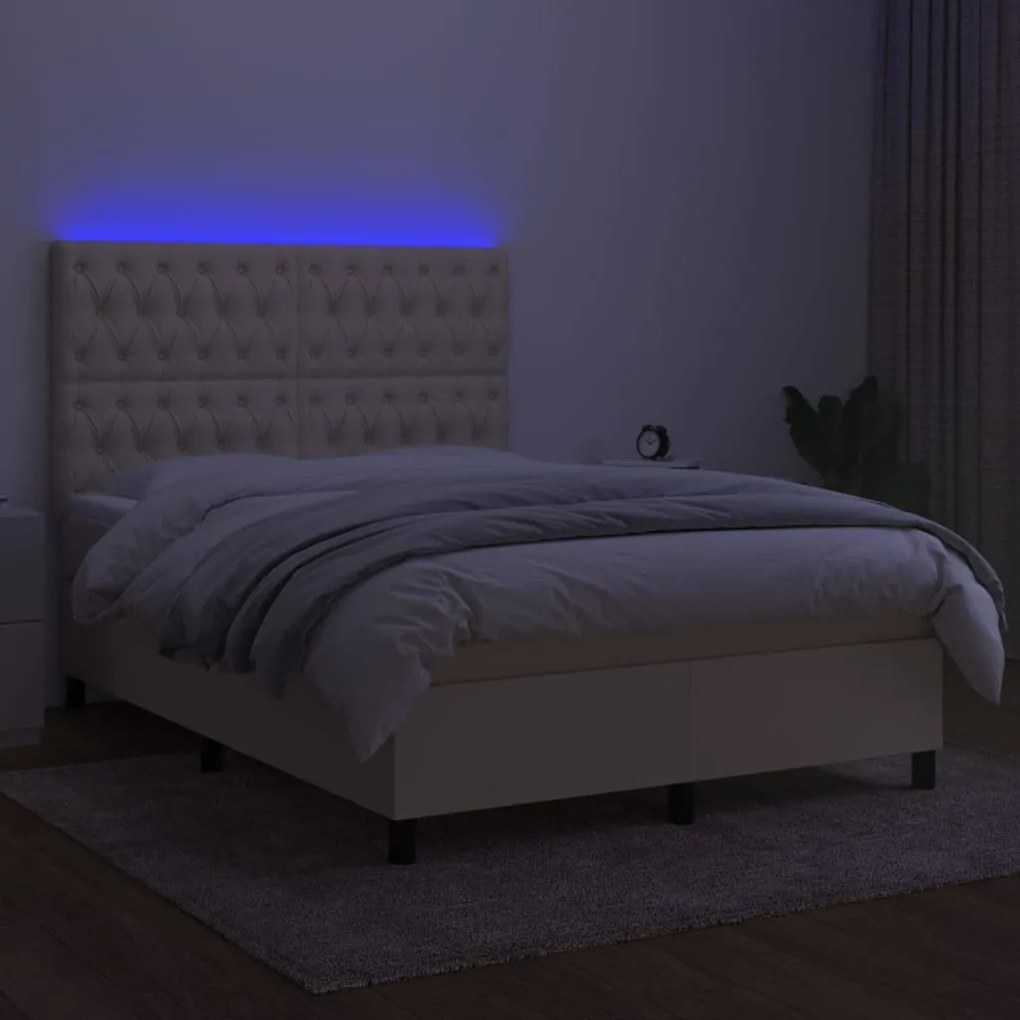 Pat cu arcuri, saltea si LED, crem, 140x200 cm, textil Crem, 140 x 200 cm, Design cu nasturi