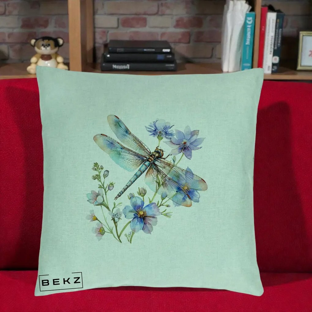Perna Decorativa Libelula Acuarela Flori Albastre, 40x40 cm, Verde Menta, Husa Detasabila, Perna Inclusa, BEKZ®