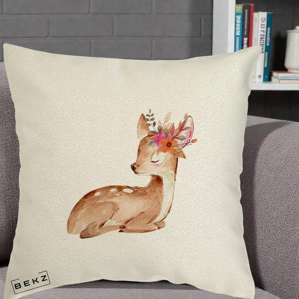 Perna Decorativa Caprioara cu Flori in Coama, 40x40 cm, Ecru, Husa Detasabila, Perna Inclusa, BEKZ®