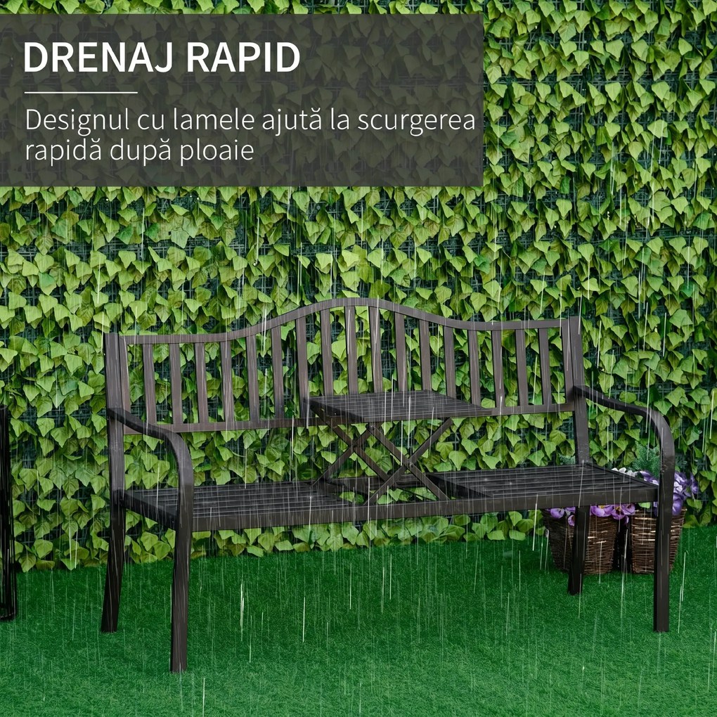 Bancă de Grădină Outsunny din Metal cu Măsuță Centrală Retractabilă, Bancă Loveseat pentru Terasă cu Șezut și Spătar cu Șipci, pentru 2–3 Persoane, Neagră | Aosom Romania
