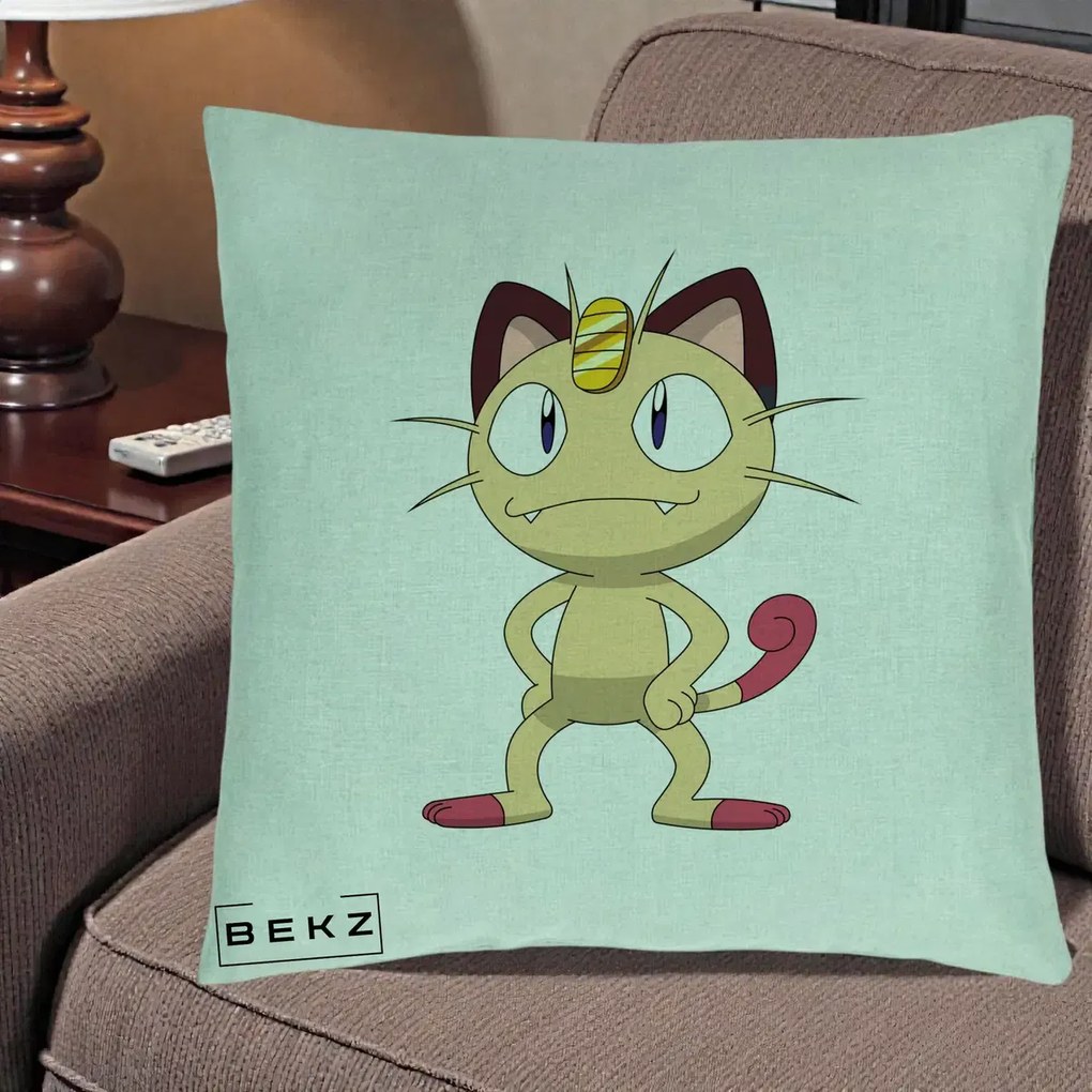 Perna Personalizata Meowth Pokemon, 40x40 cm, Verde Menta, Husa Detasabila, Perna Inclusa, BEKZ®