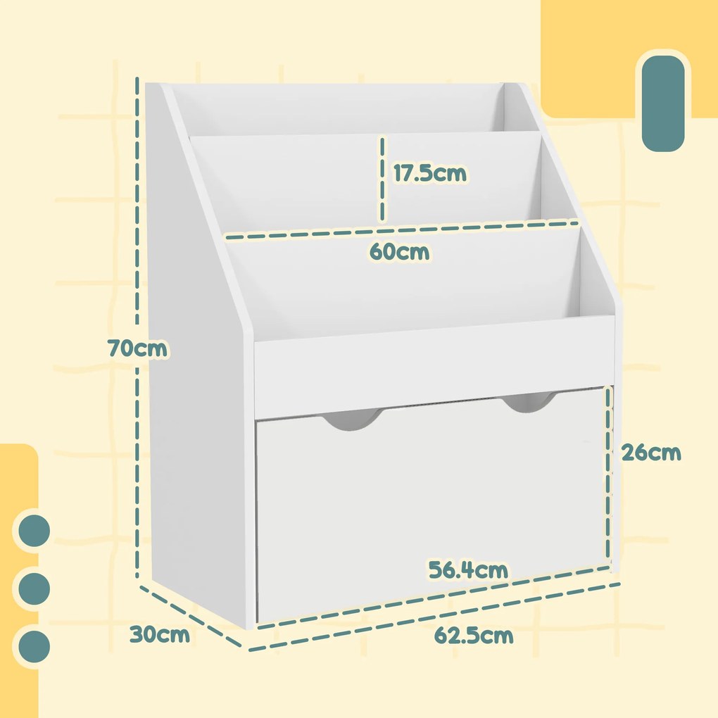AIYAPLAY Bibliotecă Copii 3-8 Ani cu 3 Rafturi și Sertar, Raft de Depozitare Jucării, 62,5x30x70 cm, Alb | Aosom Romania