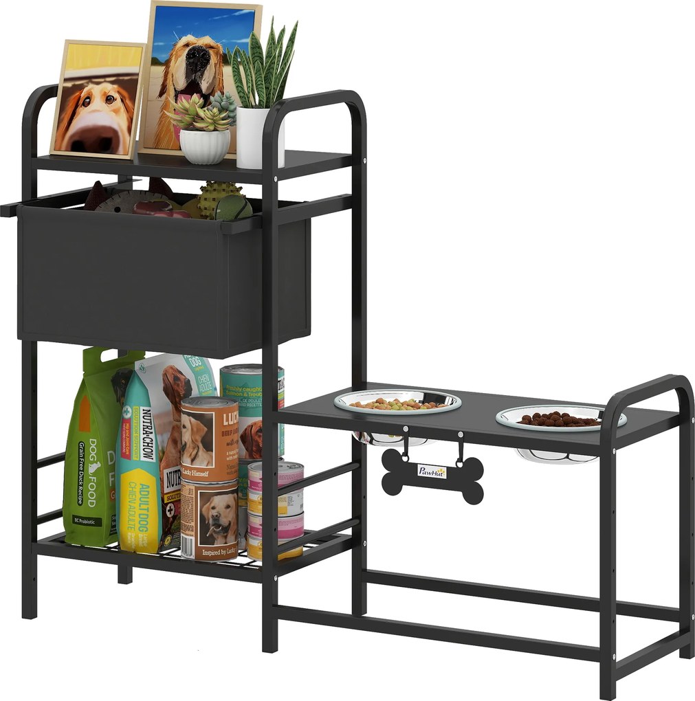 PawHut Bol ridicat pentru câini, reglabil pe înălțime, cu spațiu de depozitare, 2 x boluri din oțel inoxidabil 800 ml, 89,5x27x74 cm, Negru | Aosom Romania