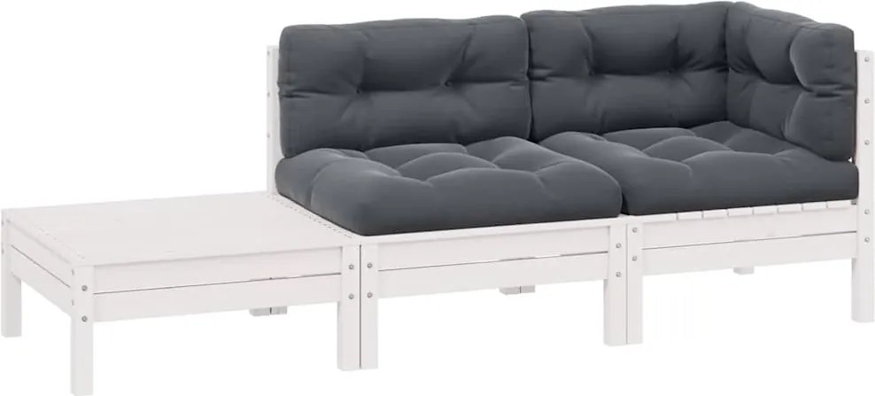 vidaXL Set mobilier de grădină cu perne, 3 piese, alb, lemn masiv pin