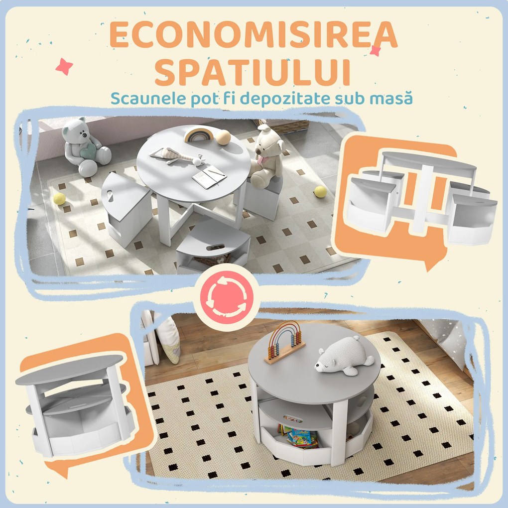 AIYAPLAY Birou Copii, Masă și Scaune pentru Copii din 5 Piese cu Depozitare, pentru Clasă, Creșă, Grădiniță, 78x78x49 cm, Gri