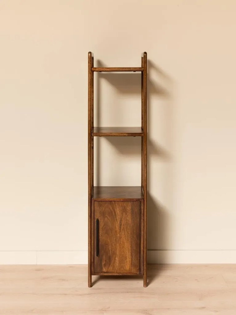 Etajeră din lemn de acacia și metal, cu 3 rafturi și 1 ușă, maro antichizat, finisaj lucios, 40.3×40.5×163 cm, „Sloane"