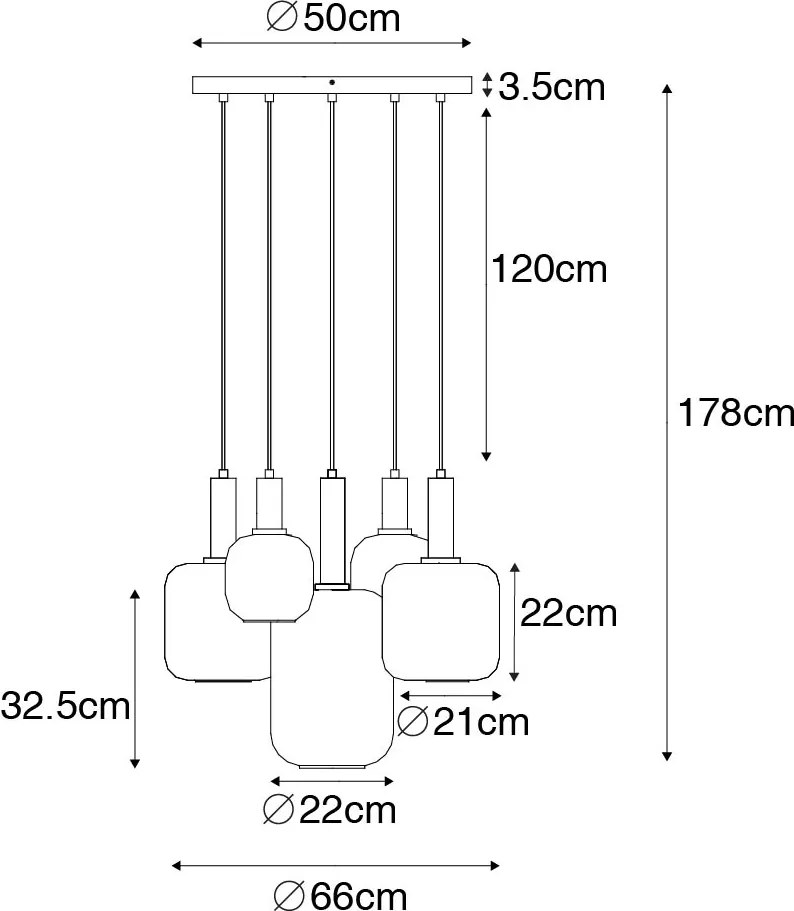 Lampă suspendată neagră cu sticlă aurie și fum incl. 5 PUCC - Zuzanna