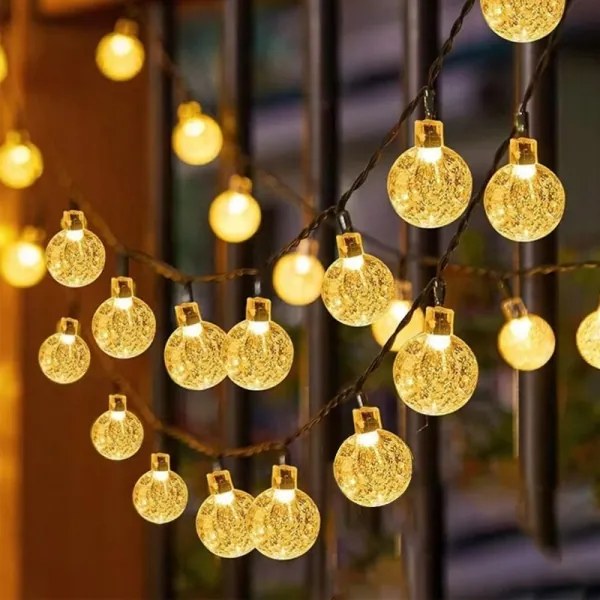 Ghirlandă solară decorativă LED, 50 LED, 8 funcții, acumulator 500 mAh, 9,5 m, IP67, alb cald