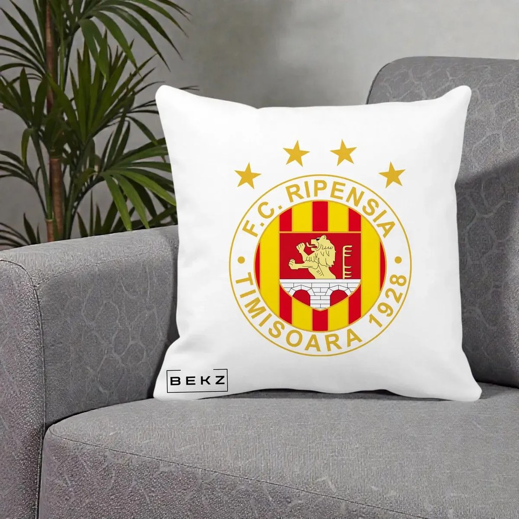 Perna Personalizata FC Ripensia Timisoara 1928, 40x40 cm, Alba Mata, Husa Detasabila, Perna Inclusa, BEKZ®