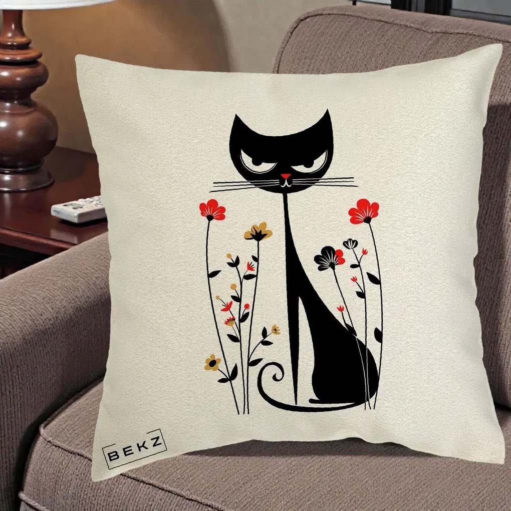 Perna Decorativa Pisica Neagra Grafica Flori Rosii, 40x40 cm, Ecru, Husa Detasabila, Perna Inclusa, BEKZ®