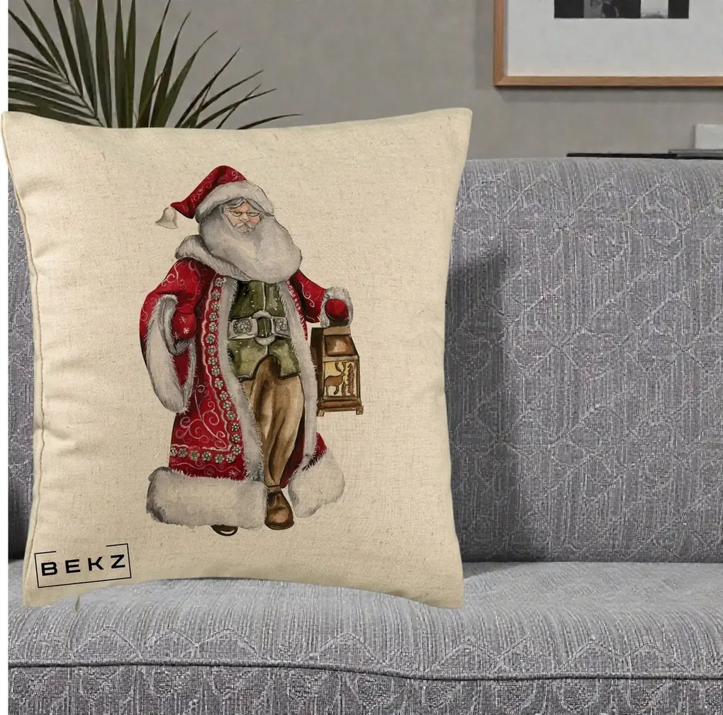 Perna Decorativa Mos Craciun Vintage cu Felinar, 40x40 cm, Bej, Husa Detasabila, Perna Inclusa, BEKZ®