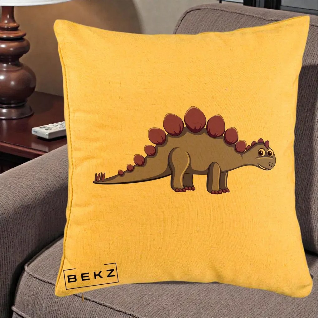 Perna Personalizata Stegozaur Mov, 40x40 cm, Galben, Husa Detasabila, Perna Inclusa, BEKZ®