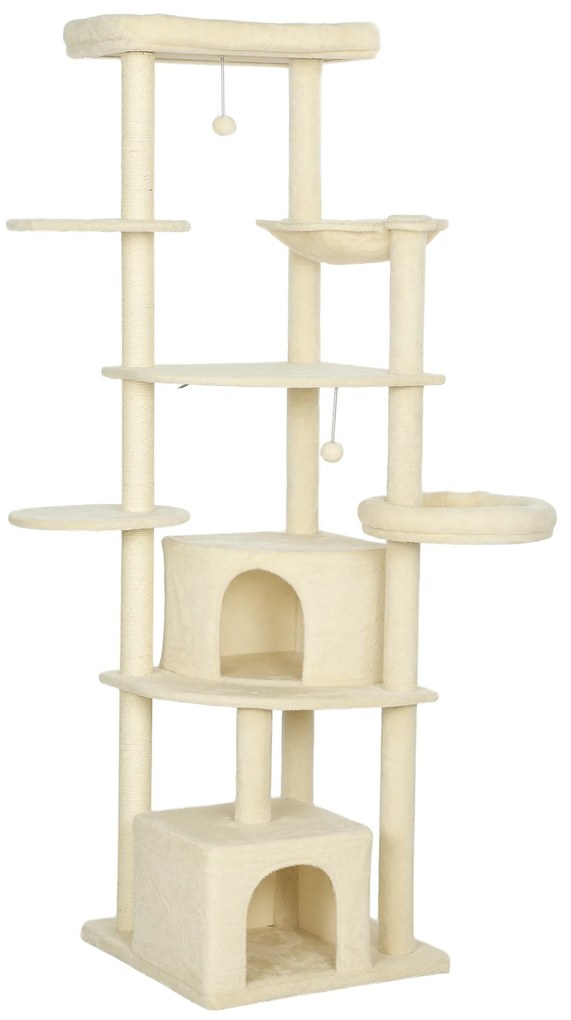 PawHut Ansablu de joacă pentru pisici, 2 căsuțe, 2 paturi și hamac, 200cm, bej | Aosom Romania