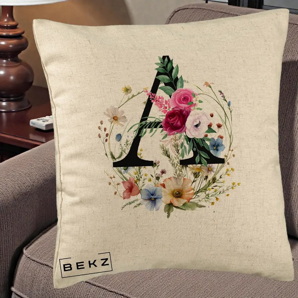 Cadou Personalizat - Perna Personalizata Monogram Litera A cu Flori Acuarela, 40x40 cm, Bej, Husa Detasabila, Perna Inclusa, BEKZ®