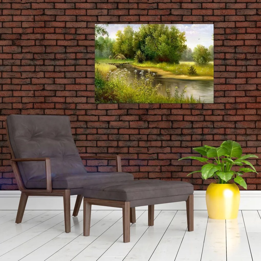 Tablou - Râu lângă pădure, pictură în ulei (90x60 cm)