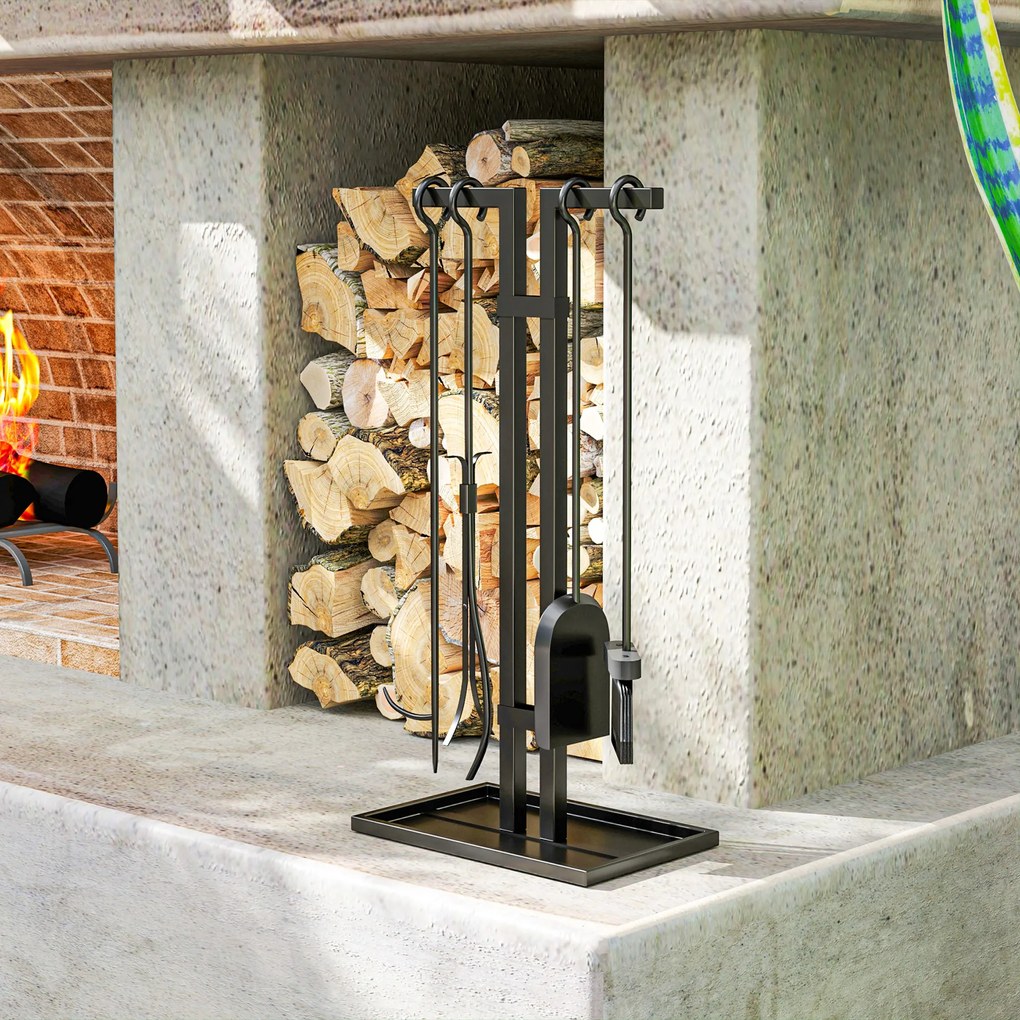 Outsunny Set servitor pentru șemineu 5 piese, unelte pentru șemineu, din metal, mătură, lopată, clește, tisonier și suport, negru | Aosom Romania