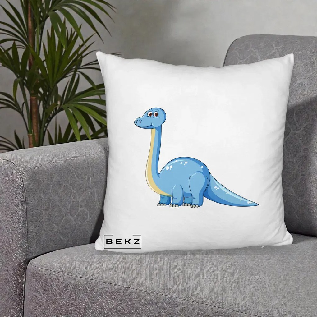 Perna Personalizata Brontosaur Albastru, 40x40 cm, Alb Pufos, Husa Detasabila, Perna Inclusa, BEKZ®