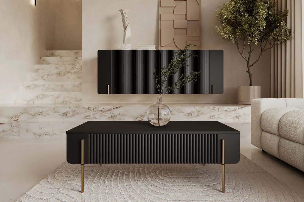 Măsuță de cafea cu sertare Malmi 100 cm - negru mat / picioare aurii