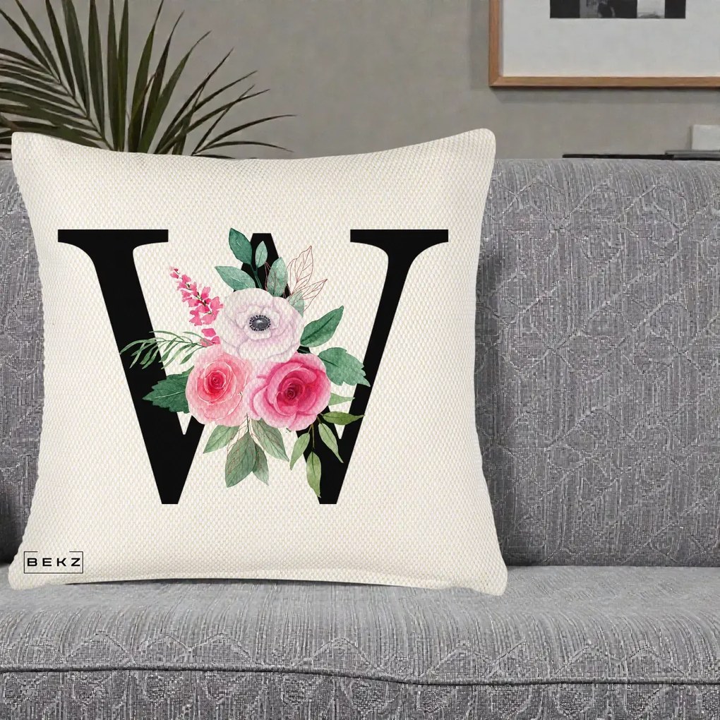 Cadou Personalizat - Perna Personalizata Monograma Florala Litera W cu Trandafiri si Anemona, 40x40 cm, Crem Reliefat, Husa Detasabila, Perna Inclusa, BEKZ®